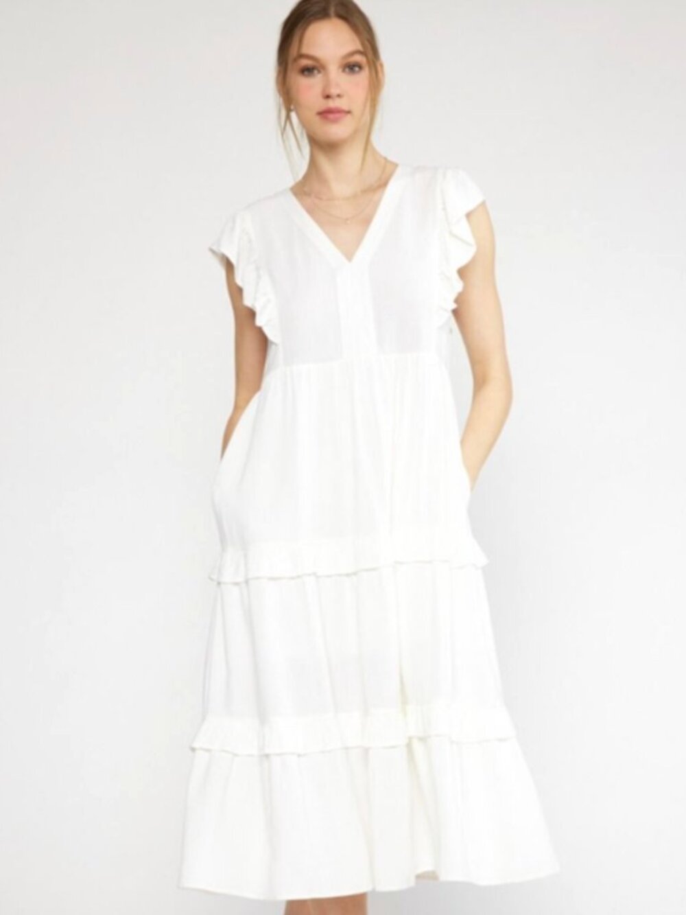 ✨ Entro V-Neck Ruffle Sleeve Tiered Midi Dress – NWT ✨ WHITE
